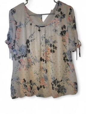Floral Chiffon Peasant Top with Pink & Blue Flowers